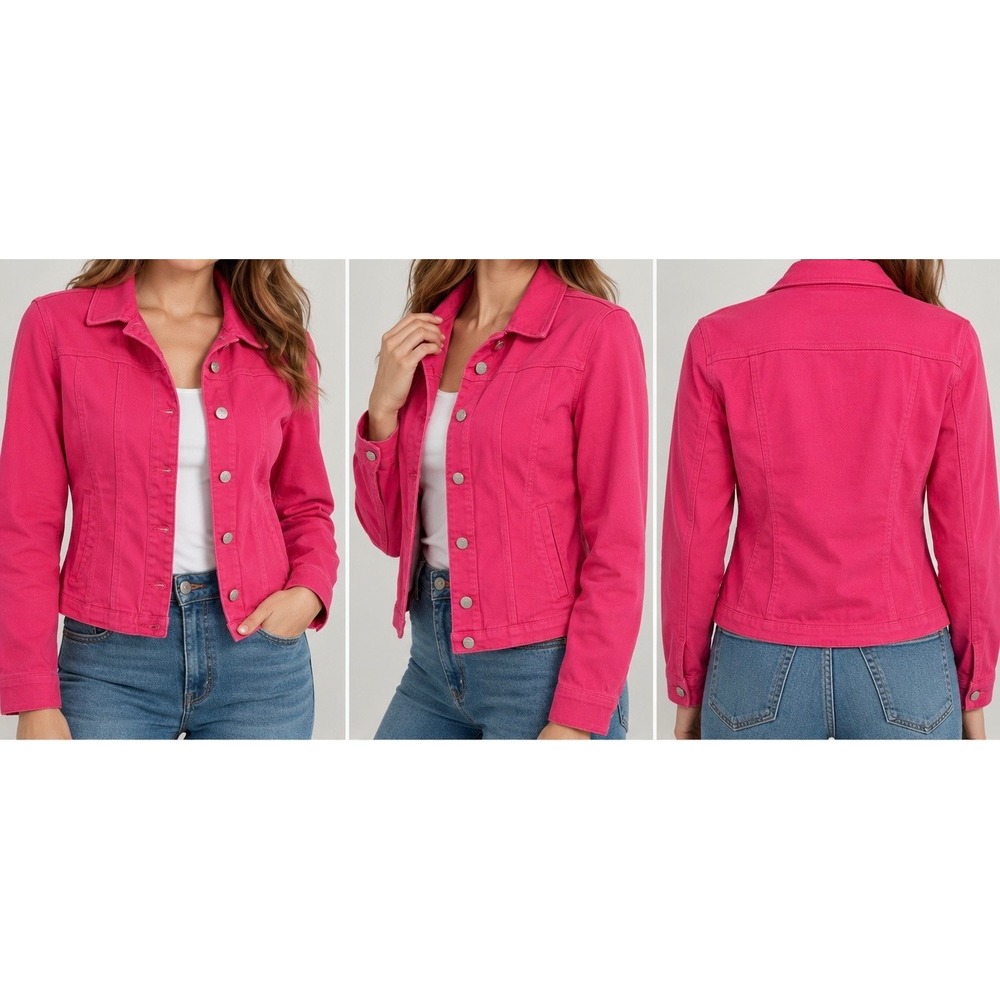 Live a Little Denim Jacket Womens S Hot Pink Button Front Stretch Cotton Casual